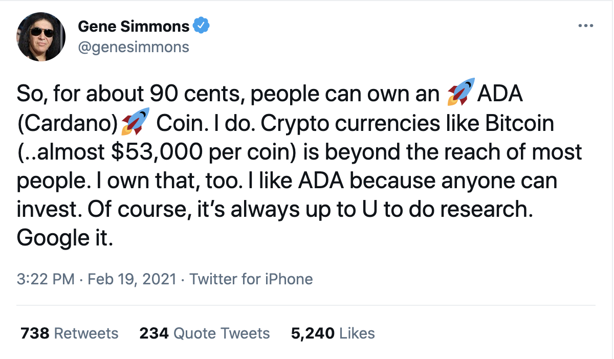 Crypto Unit Bias Gene Simmons Cardano Tweet